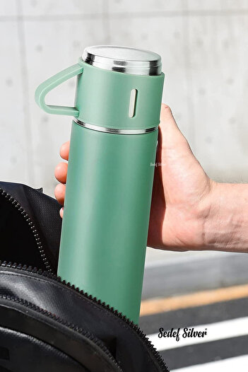 SEDEF SİLVER 304 Stainless Steel Vacuum Open Close Gasket Thermos Flask with Lid and Glass 450 ml 527