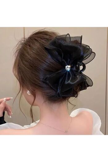 QUEEN AKSESUAR Imported Luxury Large Big Giant Organza Tulle Bow Feathered Rhinestone Clothespin Clip Buckle Black