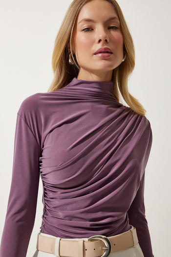 Happiness İstanbul Lila Sandy Bluse mit Stehkragen und Kordelzug für Damen FF00135
