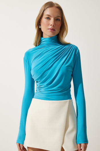 Happiness İstanbul Dámská tyrkysová halenka s detailním stojáčkem Sandy FF00135