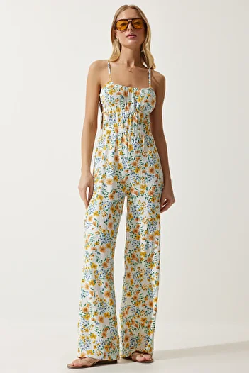 Happiness İstanbul Women's Ecru Yellow Window Detailed Patterned Knitted Jumpsuit UB00245