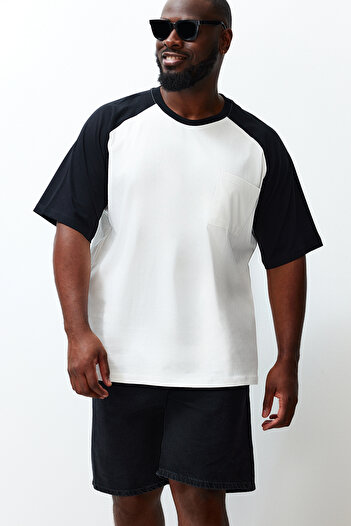 Trendyol Collection Ecru Color Block Oversize Large Size Cotton T-Shirt - with Pockets Tmnss24Bf00044