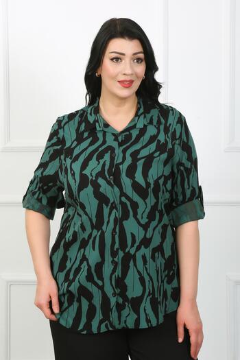 By Alba Collection Women's Khaki Patterned Cotton Viscose Large Size Shirt