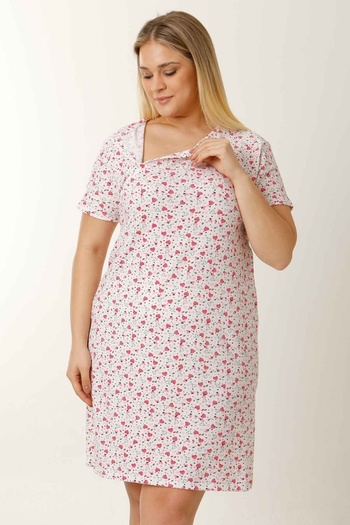 MS HAMİLE İÇ GİYİM White Short Sleeve Maternity Nursing Nightgown - HG0060 with Hearts