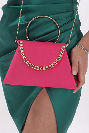 womenacs Fuchsia Color Satin Women's Evening Dress Portfolio Clutch Wedding Engagement Henna Night Bag Hand and Strap Use