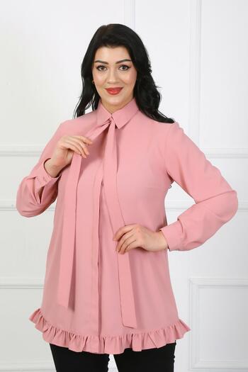 By Alba Collection Women's Pink Front Scarf Detail Dubai Fabric Large Size Shirt