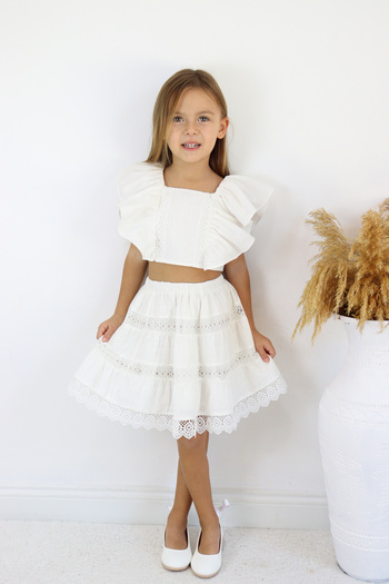 COLORED BABY Girl's Cotton Lined Ruffle Sleeve Crop Blouse Skirt Bottom Top Set