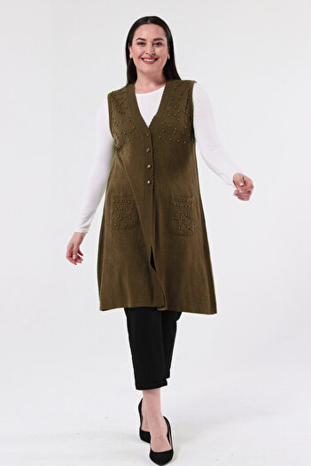 Elvin Special Knitwear Large Size Women's Thin Beaded Mother Long Vest