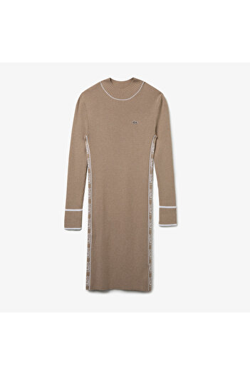Lacoste Kadın Slim Fit Baskılı Uzun Kollu Dik Yaka Açık Kahverengi Elbise