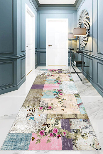 on the clouds Ethnic Patchwork Patterned Rose and Butterfly Living Room Carpet and Way - Washable Digital Print