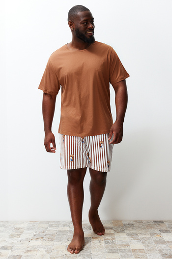Trendyol Collection Brown Regular Fit Teddy Bear Printed Couple Knitted Plus Size Shorts Pajamas Set TMNSS24AI00007