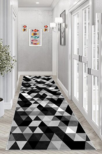 on the clouds Geometric Triangle Patterned Black Living Room Carpet and Runner - Washable Non-Slip Base