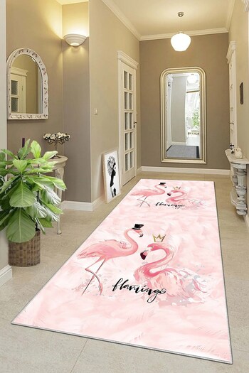 on the clouds Flamingo Printed Pink Non-Slip Living Room Carpet - Washable Base Modern Way