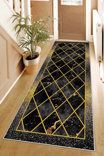 on the clouds Geometric Gold Patterned Balpete - Ethnic Digital Printing, Washable Non-Slip Base, Living Room Carpet and Way