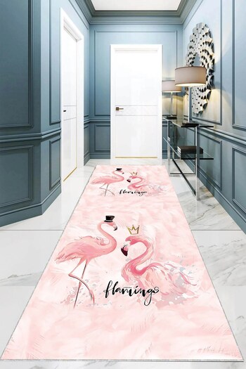 on the clouds Flamingo Printed Pink Non-Slip Living Room Carpet - Washable Base Modern Way