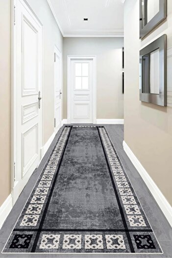 on the clouds Geometric Frame Patterned - Digital Printed Non-Slip Living Room Carpet (Grey)
