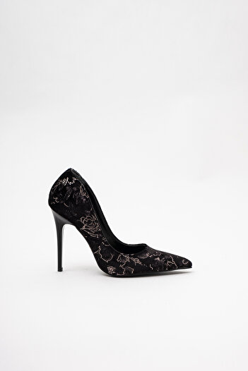 AYAKKABI PRENSİ Nadja Black Embroidery Patterned 10 cm Women's Stiletto, High Heels