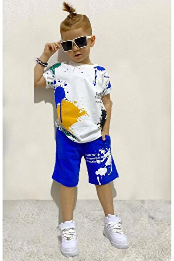 Riccotarz Boy's Brush Paint Patterned Blue Shorts Set with Pockets