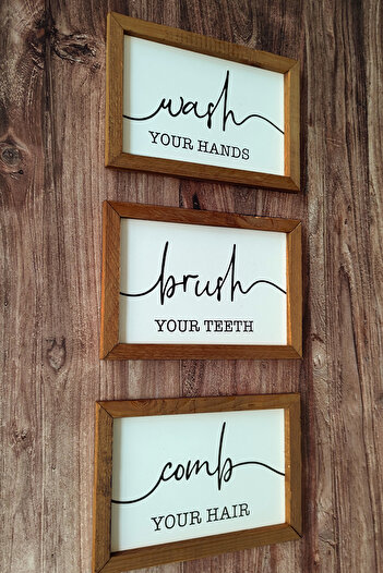 Tooall Banyo, Wash Your Hands, Brush Your Teeth, Comb Your Hair, Ahşap Çerçeveli Tablo Seti