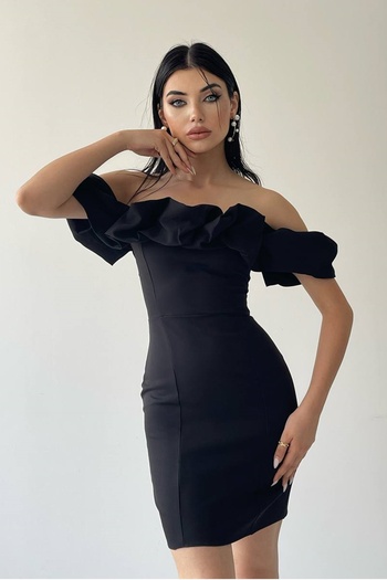 lovebox Schwarzes Mini-Abendkleid für Damen aus Atlas-Stoff mit Rüschenkragen-Design 223