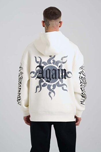 Machinist Erkek Ethnic Born Again Baskılı Kapüşonlu Sweatshirt ECRU