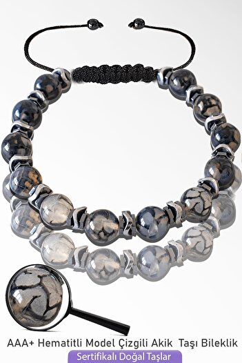 Tesbih Atölyesi Certified Silver Hematite Striped Agate Stone Bracelet - Adjustable