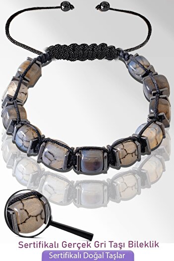 Tesbih Atölyesi Certified Cube Model Natural Gray Striped Agate Stone Bracelet - Adjustable