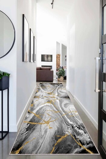 on the clouds Gold Marble Patterned - Stain Resistant and Washable Modern Living Room Carpet and Runner with Non-Slip Base
