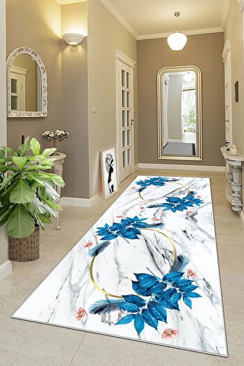 on the clouds Marble and Leaf Patterned Digital Printed Washable Non-Slip Based Living Room Carpet and Runner