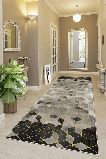 on the clouds Black Gray Modern Living Room Carpet and Runner - Digital Print, Washable Honeycomb Pattern