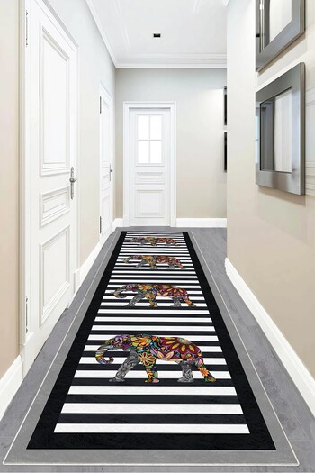 on the clouds Ethnic Elephant Patterned Black Living Room Carpet and Runner - Washable Modern Print