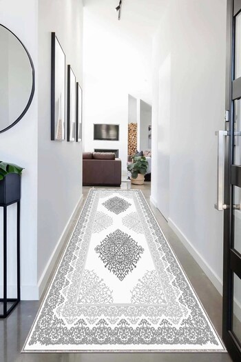 on the clouds Ottoman Motif Digital Printed Washable Non-Slip Living Room Carpet and Floor Mat - Gray White