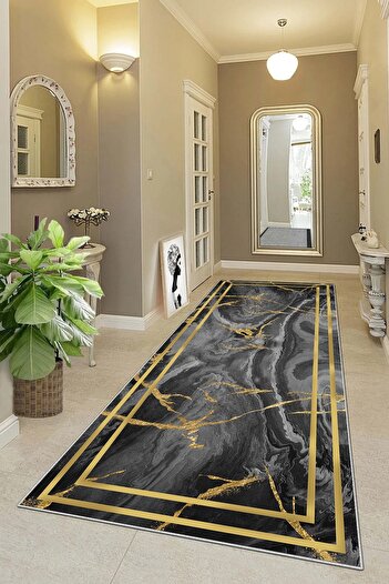 on the clouds Gold Marble Patterned - Stain Resistant and Washable Modern Living Room Carpet and Runner with Non-Slip Base