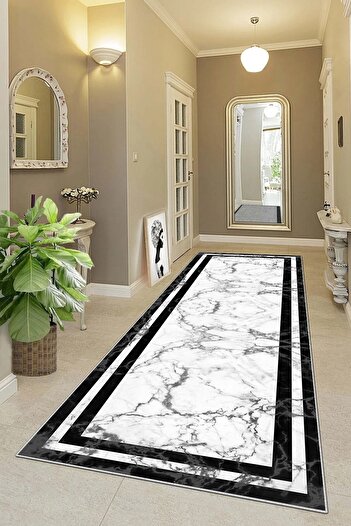 on the clouds Black Marble Patterned - Digital Printed Washable Living Room Carpet and Runner