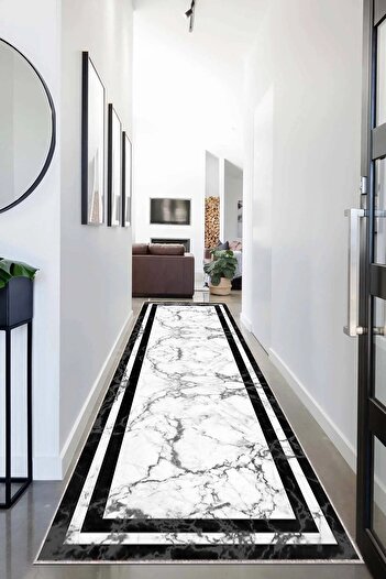 on the clouds Black Marble Patterned - Digital Printed Washable Living Room Carpet and Runner