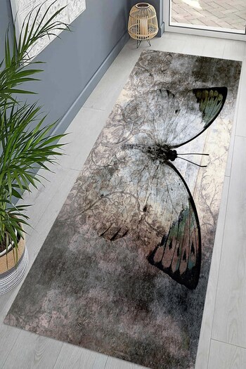 on the clouds Digital Printed Butterfly Patterned Antique Model - Washable Non-Slip Base Living Room Carpet and Floor Mat