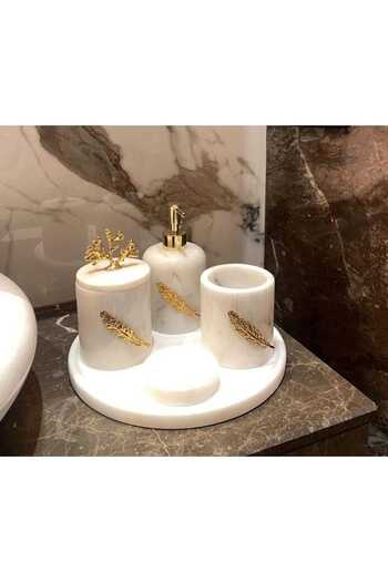 Sümeyra Marble Art Λευκό Μαρμάρινο Σετ Μπάνιου 5 τεμαχίων με λεπτομέρεια από χρυσό φύλλο
