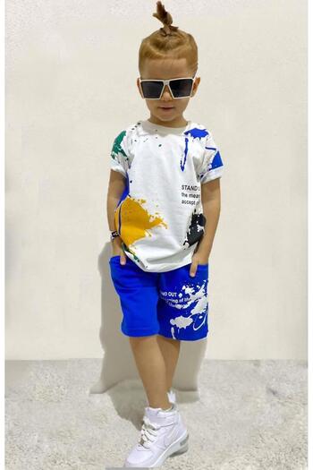 Riccotarz Boy's Brush Paint Patterned Blue Shorts Set with Pockets