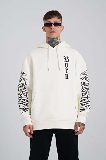 Machinist Erkek Ethnic Born Again Baskılı Kapüşonlu Sweatshirt ECRU