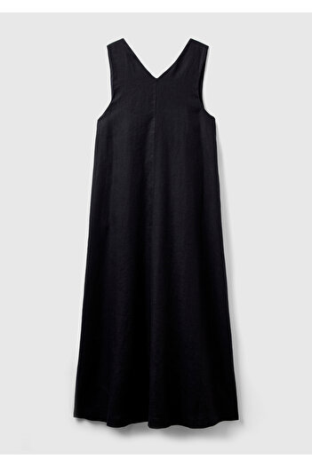 United Colors of Benetton Women's Black 100% Linen V-Neck Sleeveless A-Line Midi Dress