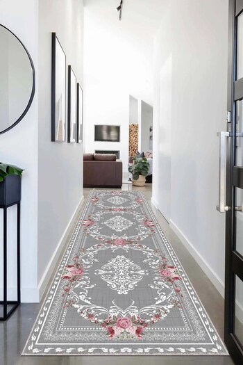 on the clouds Rose Patterned Vintage Living Room Carpet - Framed, Non-Slip Base, Washable Print (Grey)