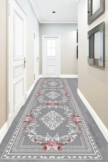 on the clouds Rose Patterned Vintage Living Room Carpet - Framed, Non-Slip Base, Washable Print (Grey)