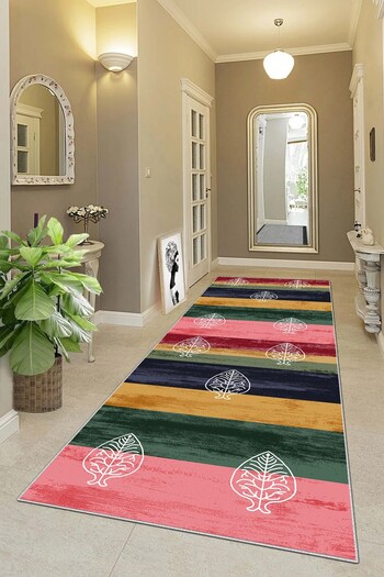 on the clouds Leaf Patterned Digital Printed - Washable Ethnic Living Room Carpet and Runner