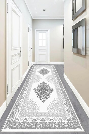 on the clouds Ottoman Motif Digital Printed Washable Non-Slip Living Room Carpet and Floor Mat - Gray White