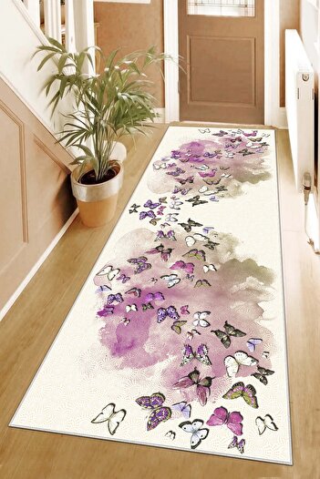 on the clouds Vintage Butterfly Patterned Digital Printed Non-Slip Based Carpet and Runner Set for Living Room