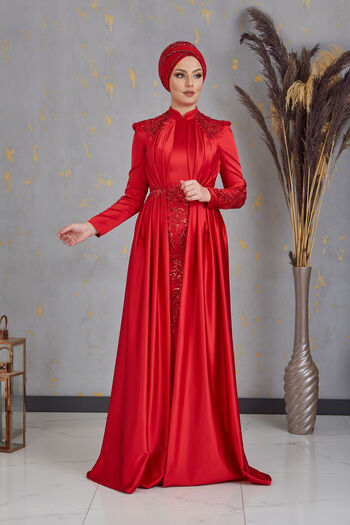Surikka Draped Front Appliqued Karaca Hijab Evening Dress Red
