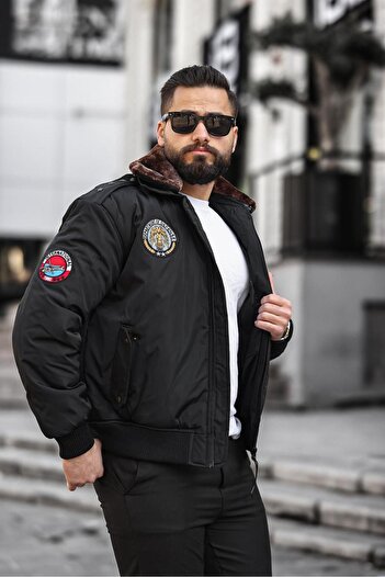 RHONES Yakası Kürklü Apoletli Erkek Pilot Mont