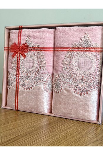 AYHANHOME 2-Piece Laced Boxed Velvet Dowry Bath Towel Set Bath Set 1 Piece 70x140, 1 Piece 50x90