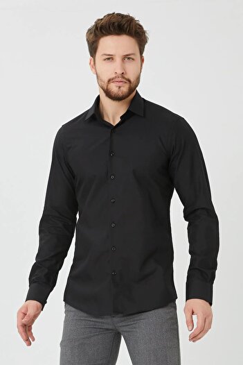 wamoss Cămașă neagră Gakko simplă, slim fit, pentru bărbați