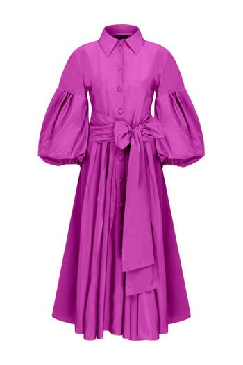 MERT ERKAN Midi Taffeta Shirt Dress with Balloon Sleeves and Belted
